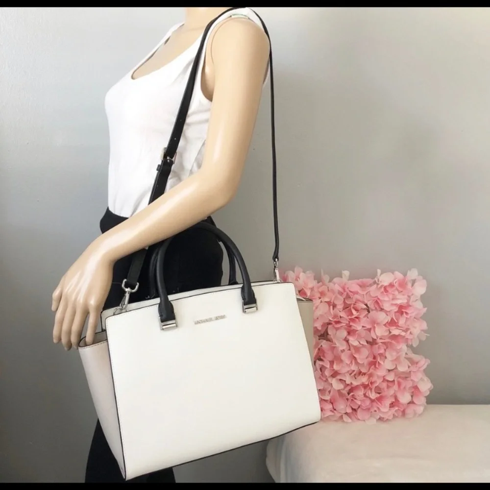 Michael Kors White and Black Saffiano Leather Satchel